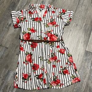 Floral and Striped Button-Up Dress with Belt